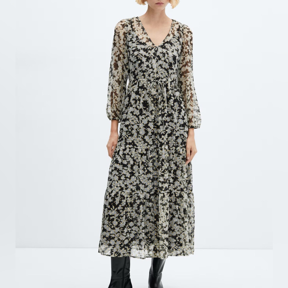 Mango Black and Gold Floral Dress